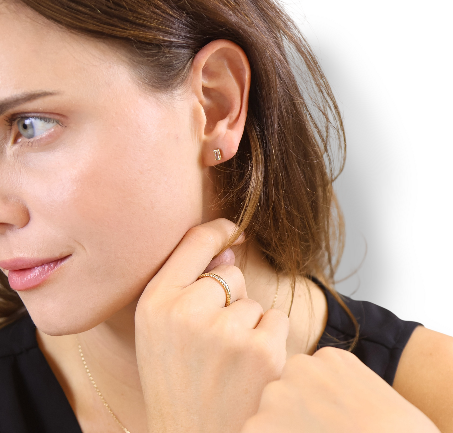 5mm Baguette CZ Bezel Stud 18k Gold Filled Earrings