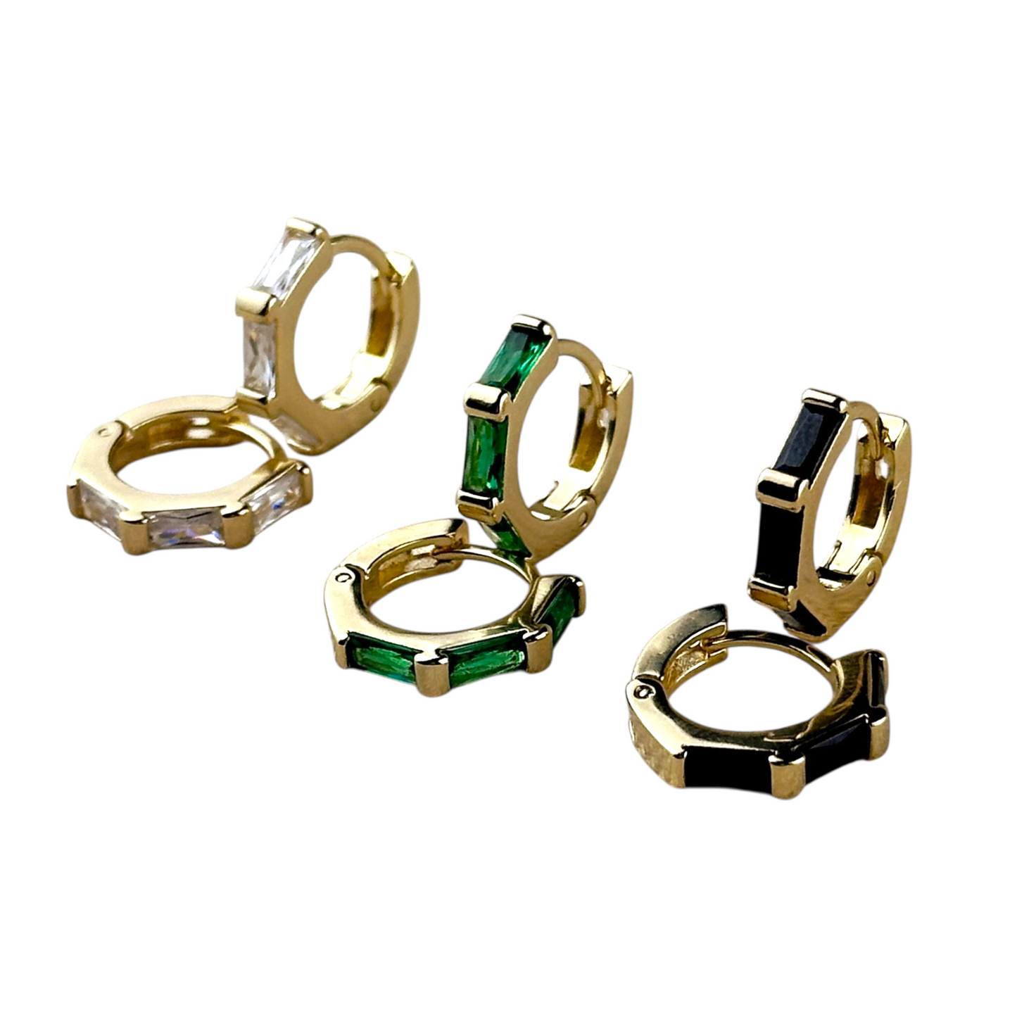 14mm Baguette CZ Huggie Hoop 18k Gold Filled Earrings
