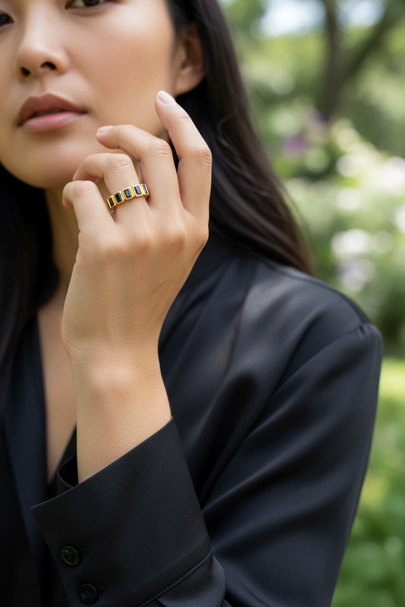 Black Onyx CZ All-Around Band 18k Gold Filled Ring