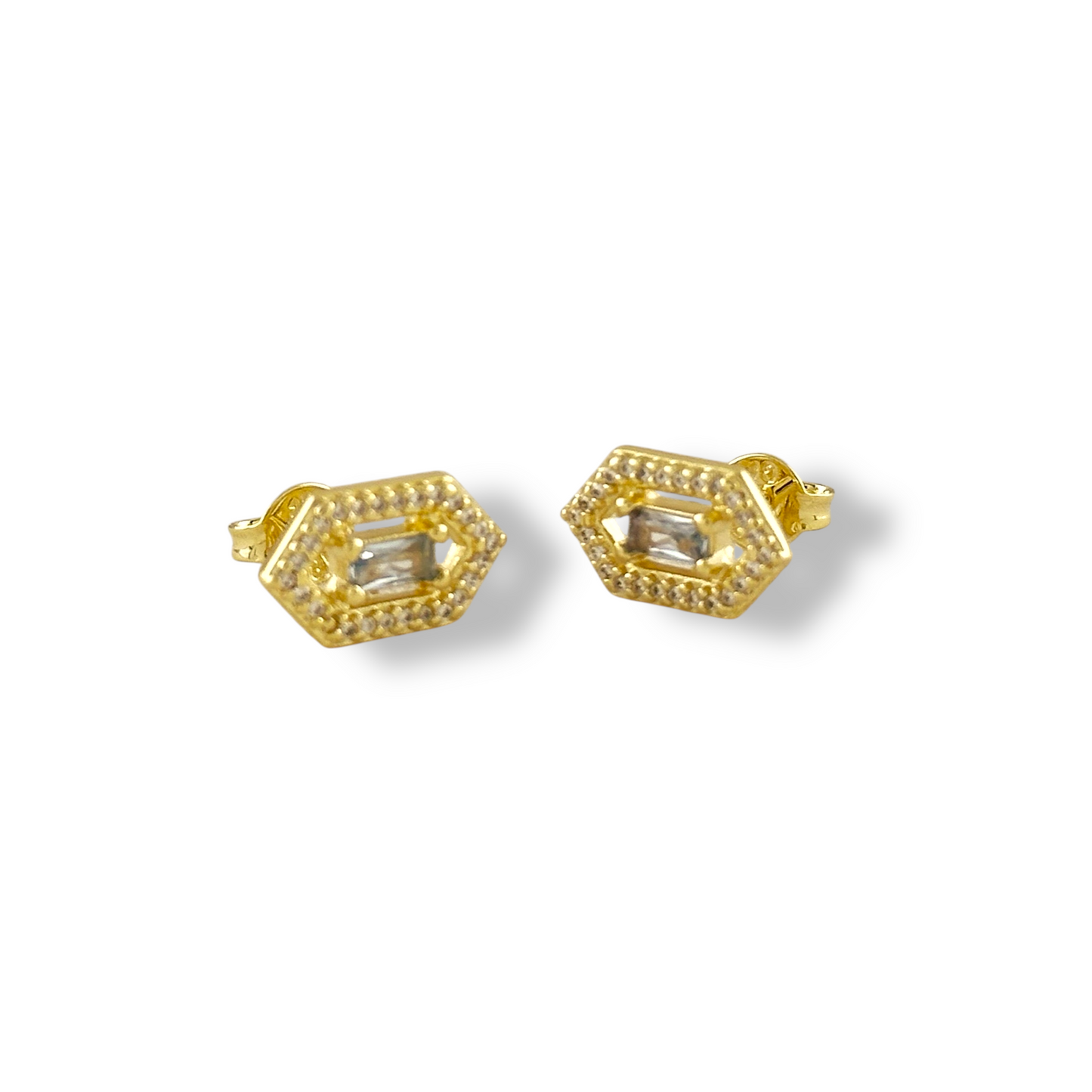 Baguette Birthstone Hexagon Halo Stud 18k Gold Filled Earrings