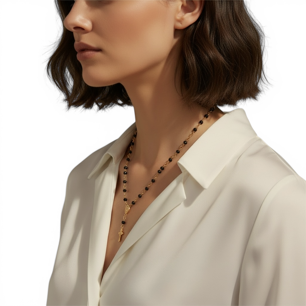 Fashion Rosary with Black Beads 18K Gold Filled Necklace