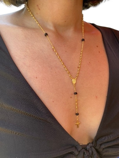 18" Our Motther of Grace Black Bead Rosary 18k Gold Filled  Necklace