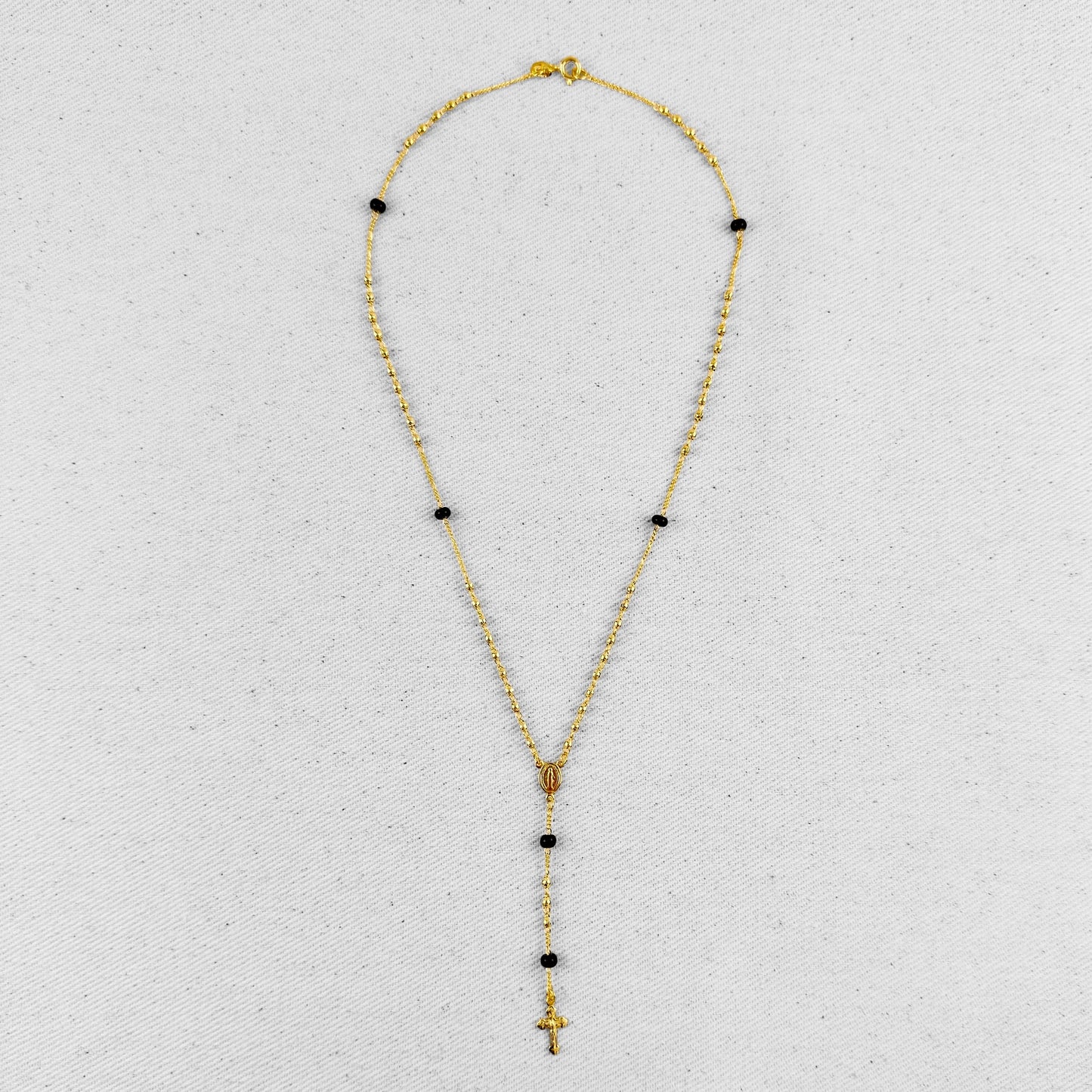 18" Our Motther of Grace Black Bead Rosary 18k Gold Filled  Necklace