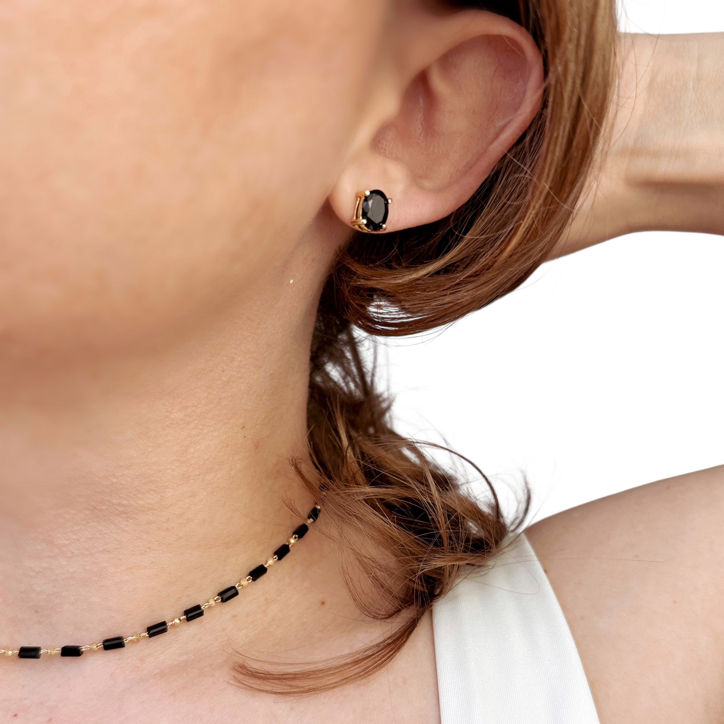 7mm Oval Black CZ Stud 18k Gold Filled Earrings