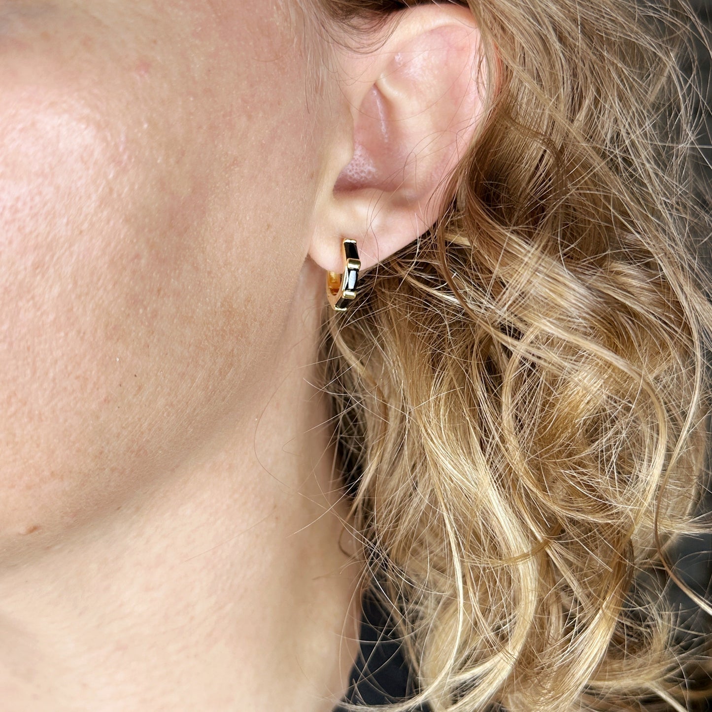 14mm Baguette CZ Huggie Hoop 18k Gold Filled Earrings