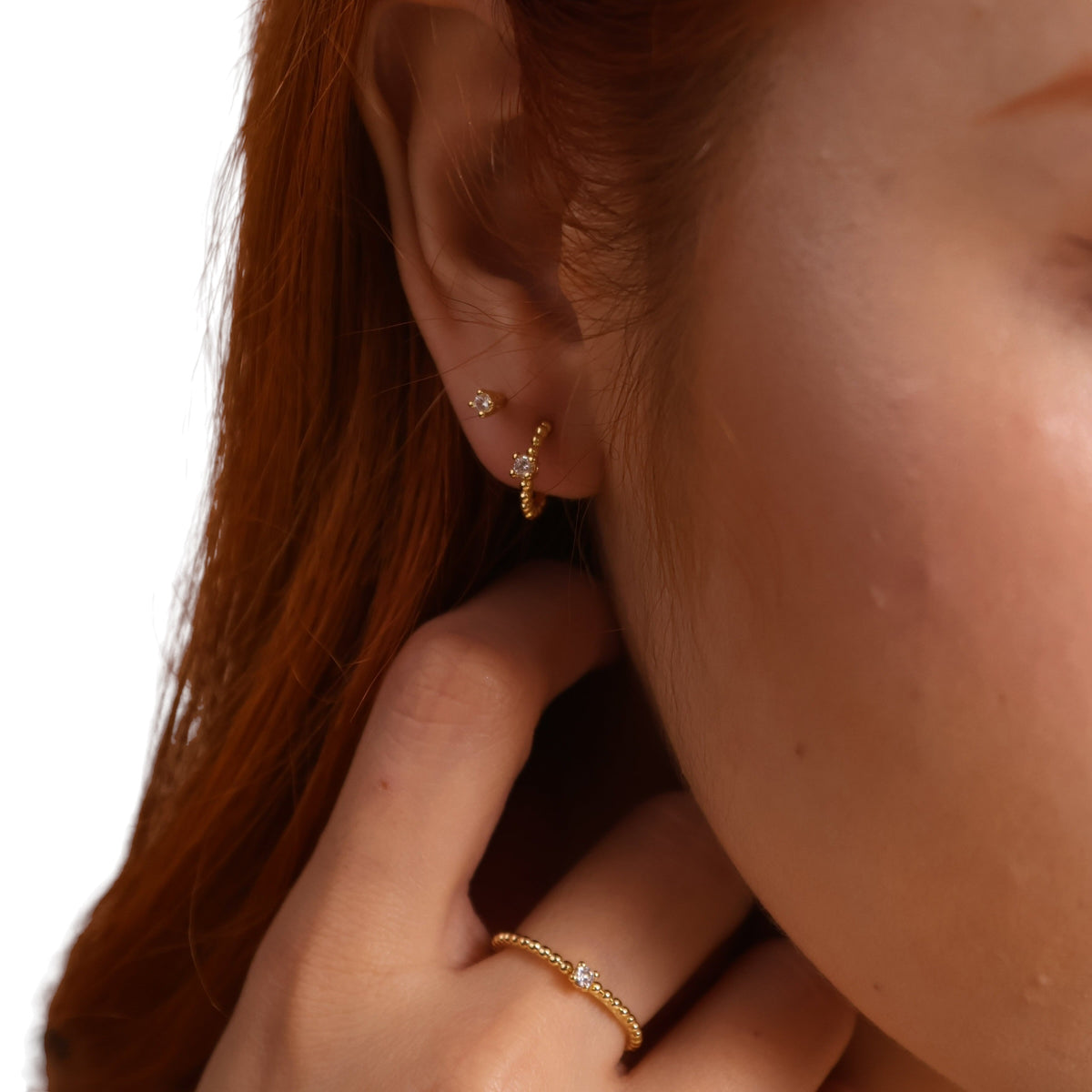 Beaded CZ Open Hoop 12mm Earrings in 18K gold-filled, view 3