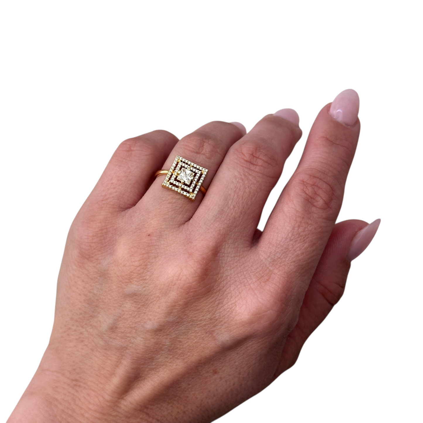 Princess Cut CZ Double Halo 18k Gold Filled Ring