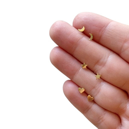 Trio Moon Star & Heart Stud 18k Gold Filled Earrings