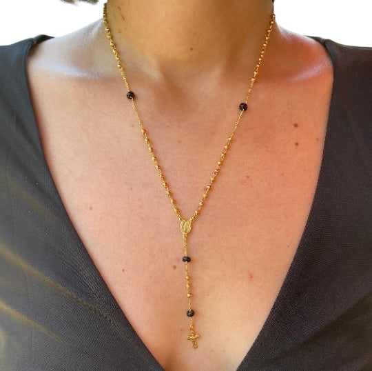 18" Our Motther of Grace Black Bead Rosary 18k Gold Filled  Necklace
