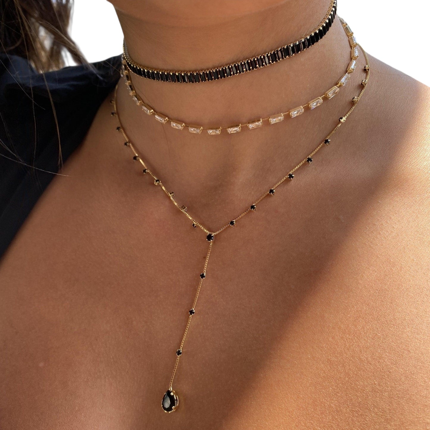 Sideways Baguette CZ Choker 18k Gold Filled Necklace