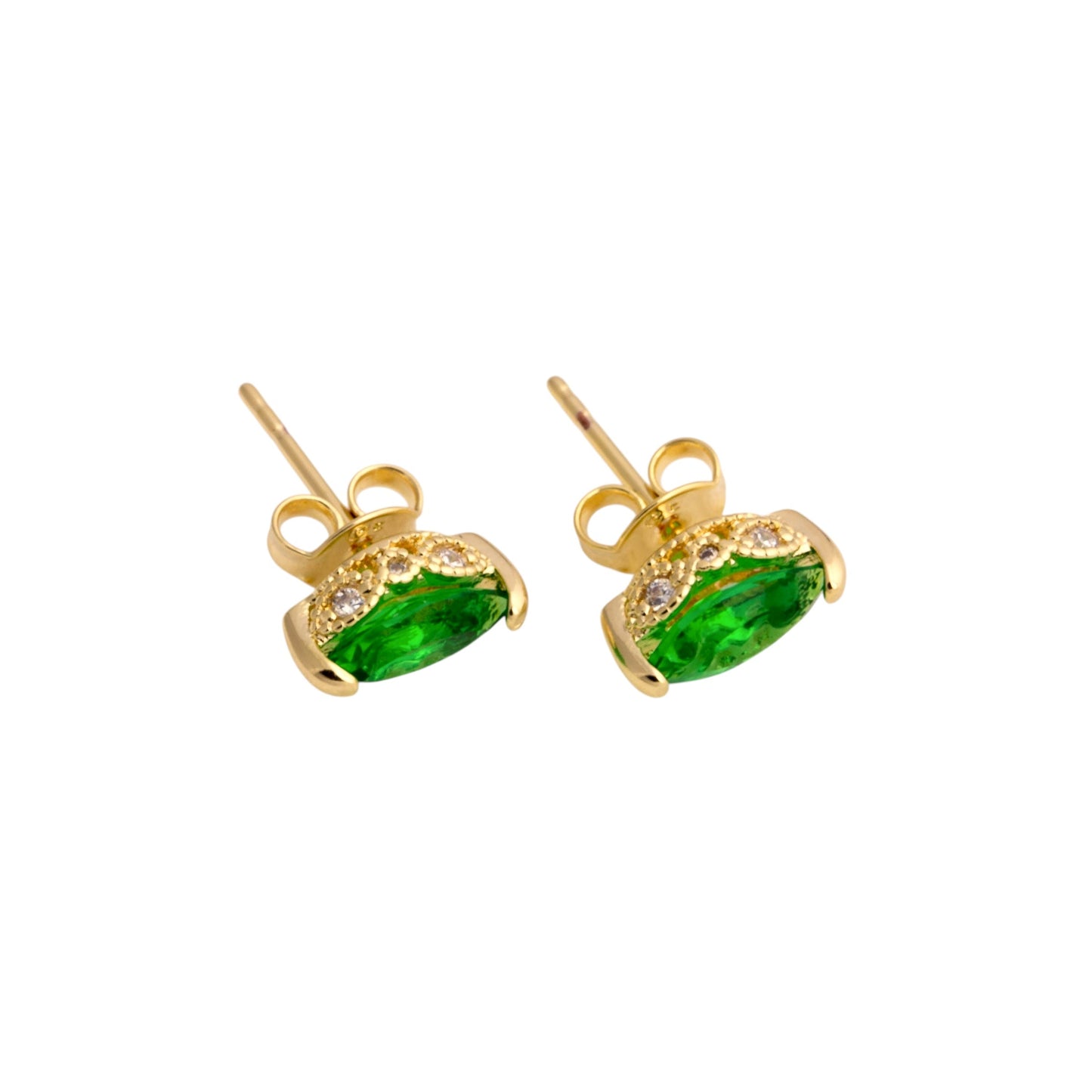 CZ Vintage Marquise Emerald Stud 18K Gold Fille Earrings