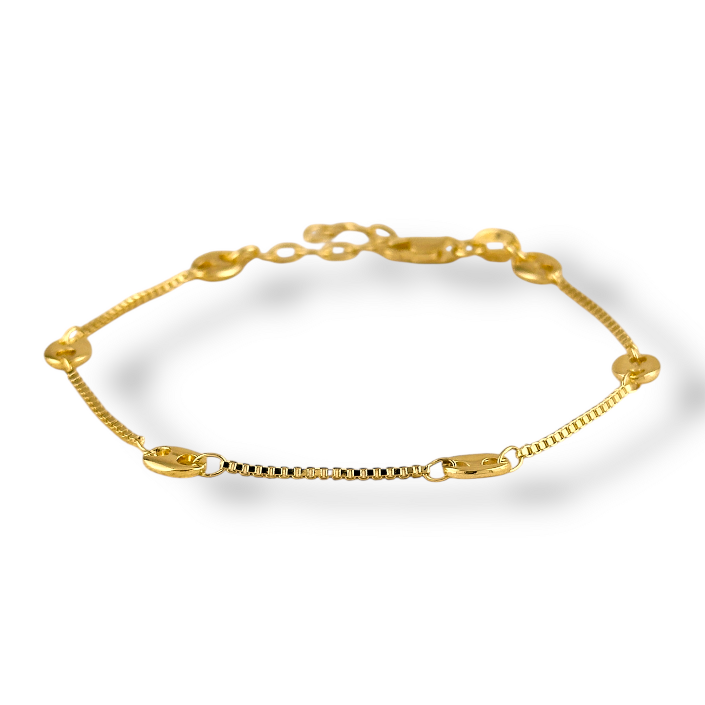 Box Chain with Mariner Link Stations 18k Gold Filled Bracelet