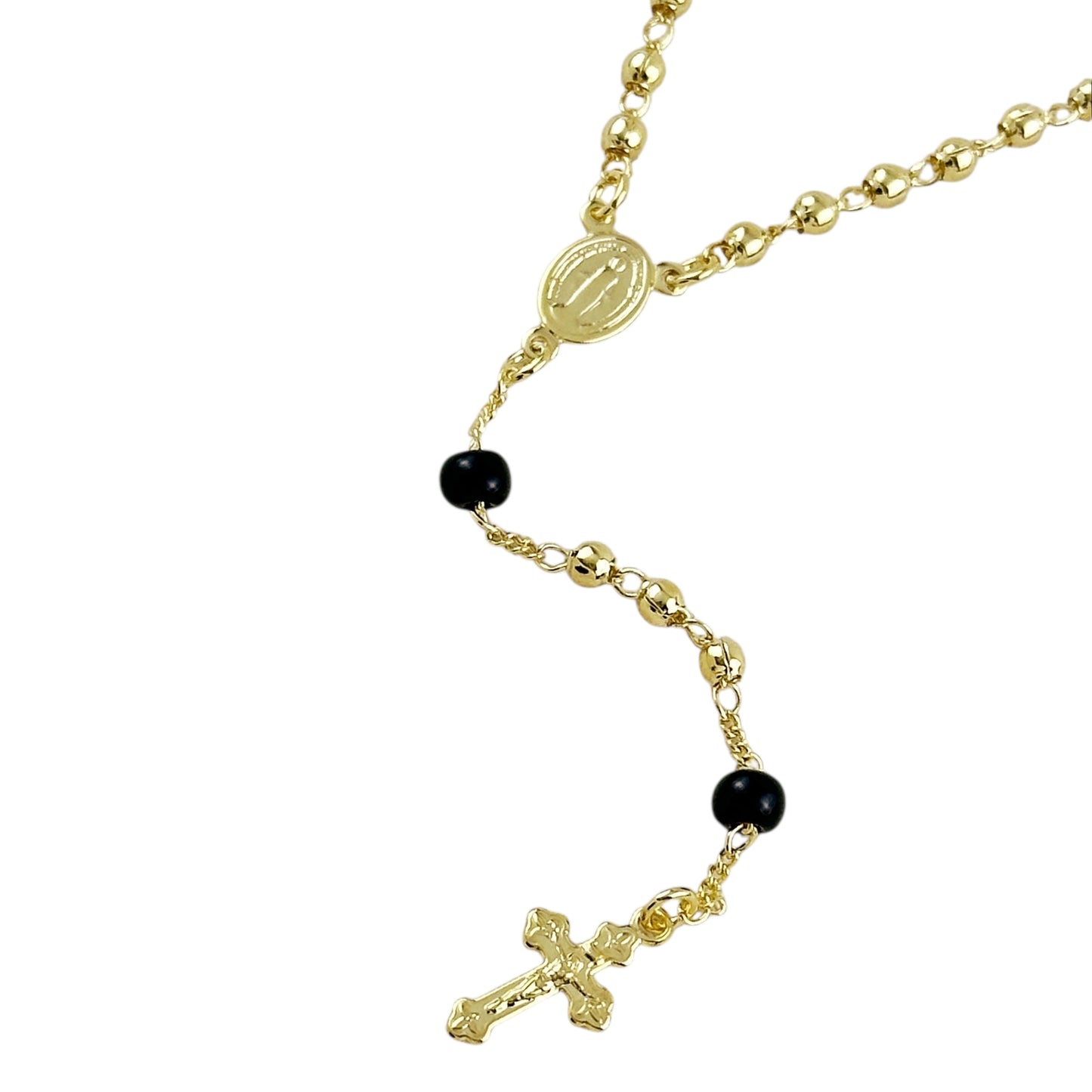18" Our Motther of Grace Black Bead Rosary 18k Gold Filled  Necklace