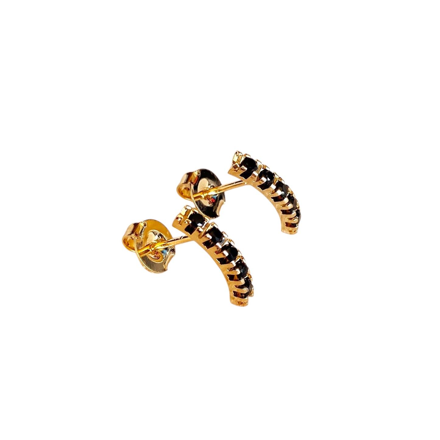 Curved Bar Black Crystal Stud 18k Gold Filled Earrings