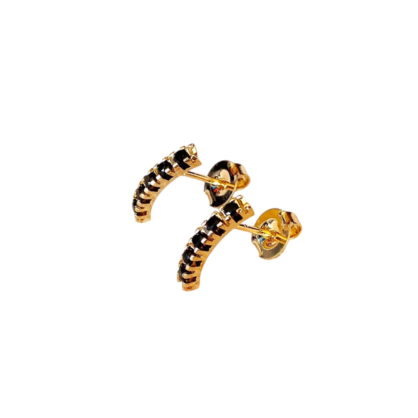 Curved Bar Black Crystal Stud 18k Gold Filled Earrings