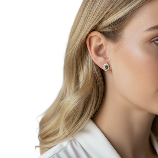 Baguette Birthstone Hexagon Halo Stud 18k Gold Filled Earrings