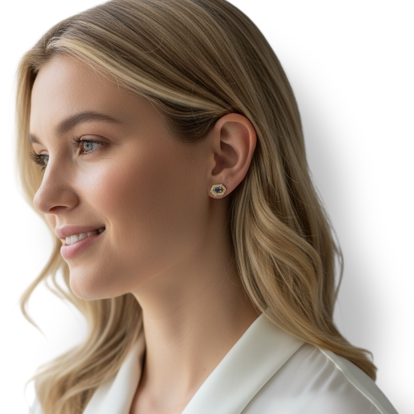 Baguette Birthstone Hexagon Halo Stud 18k Gold Filled Earrings