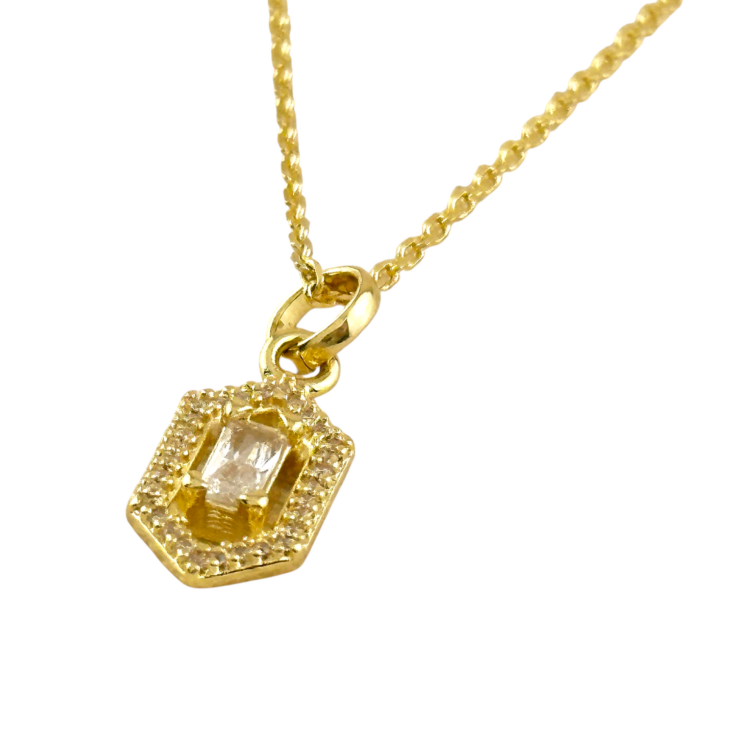 Baguette CZ Hexagon Halo Pendant 18k Gold Filled Necklace