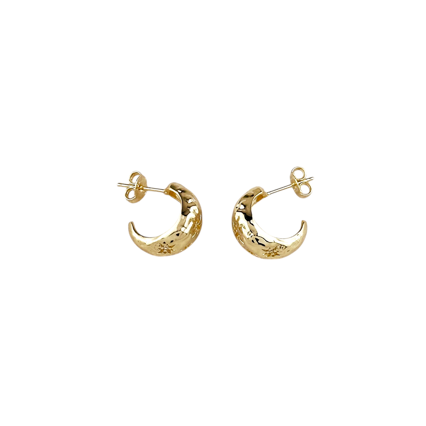 Hammered Crescent Moon Open Hoop 18K Gold Filled Earrings