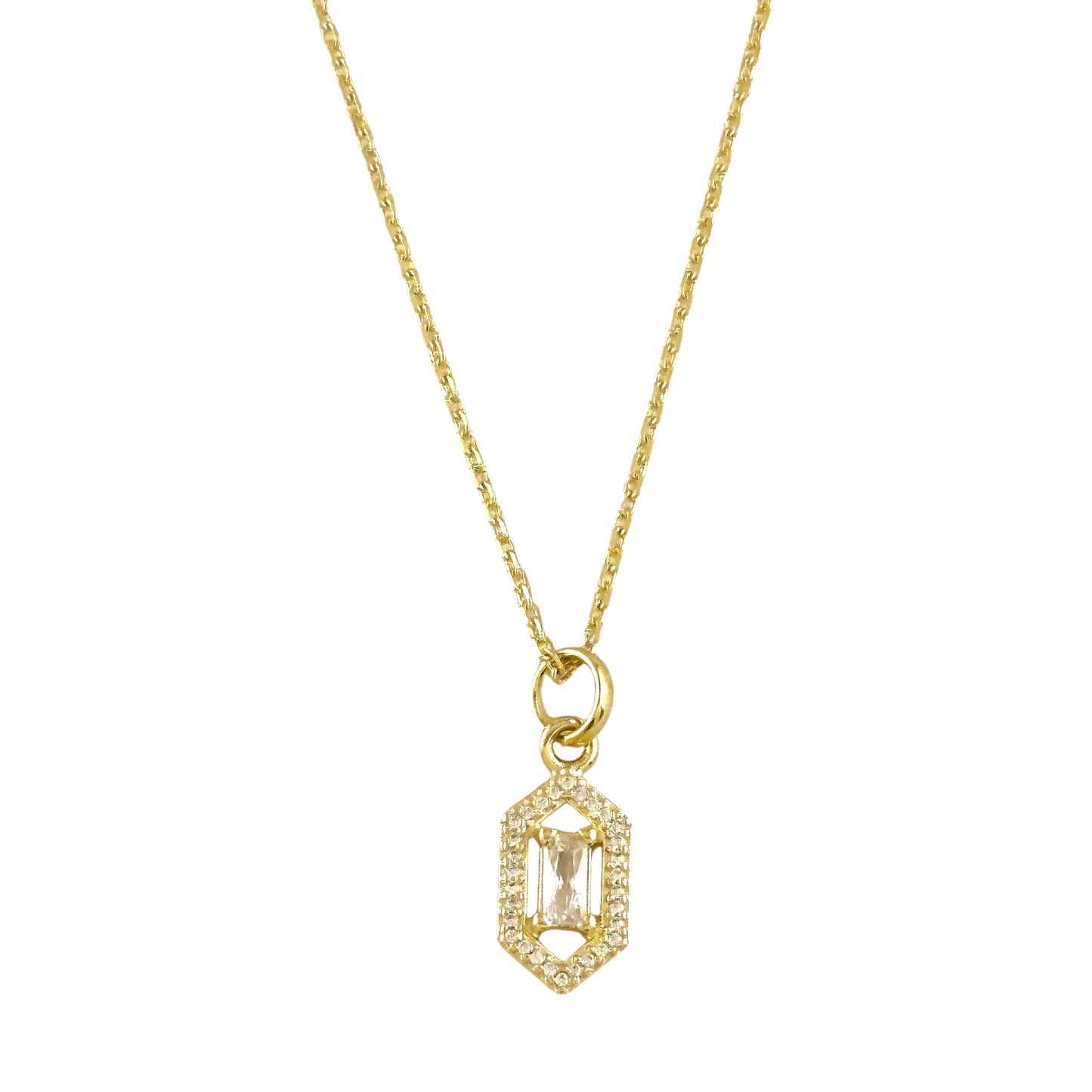 Baguette CZ Hexagon Halo Pendant 18k Gold Filled Necklace