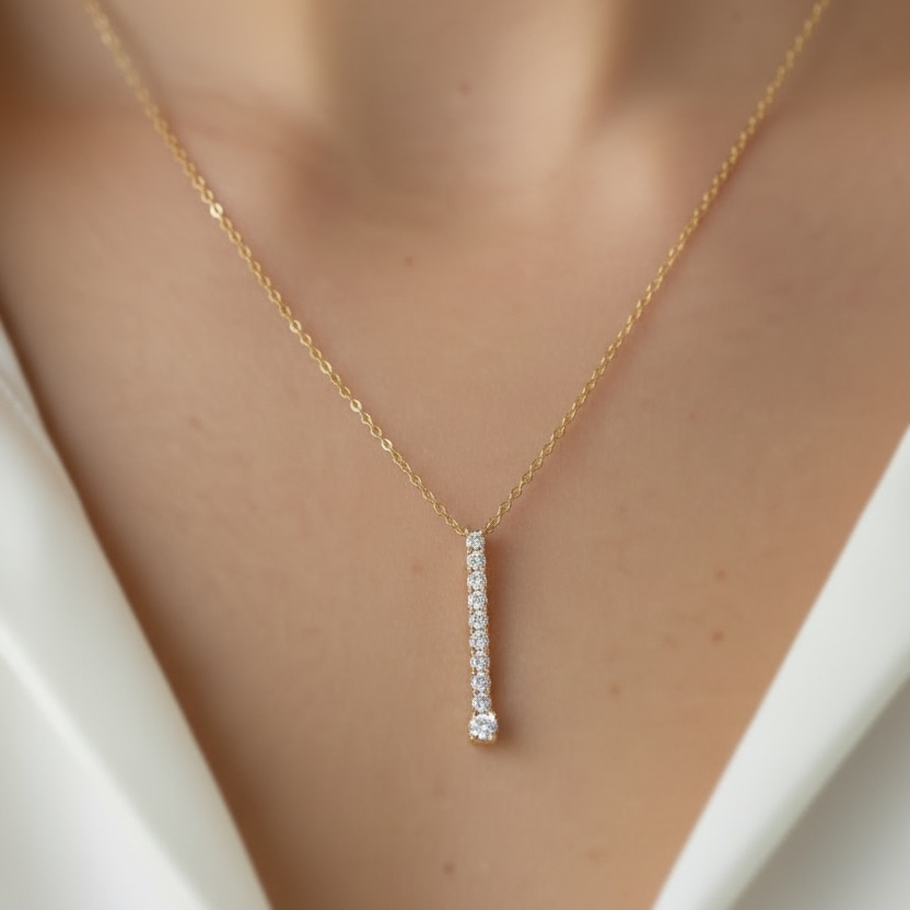 Pavé CZ Bar with Solitaire 18K Gold Filled Necklace