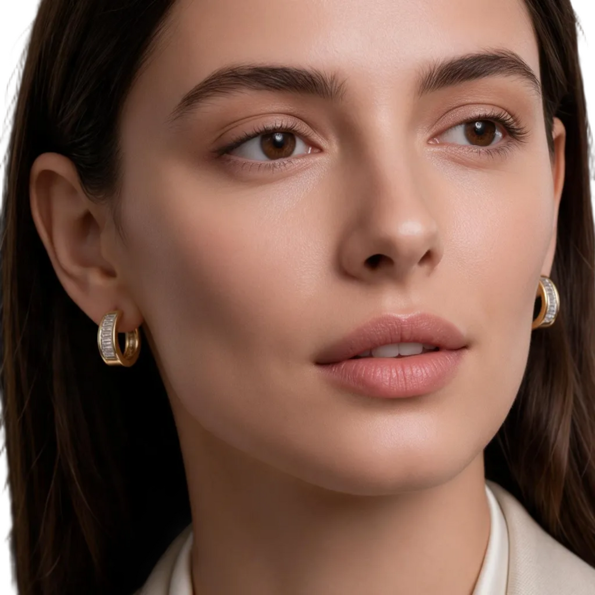 Baguette CZ Huggie Hoop Earrings on Model