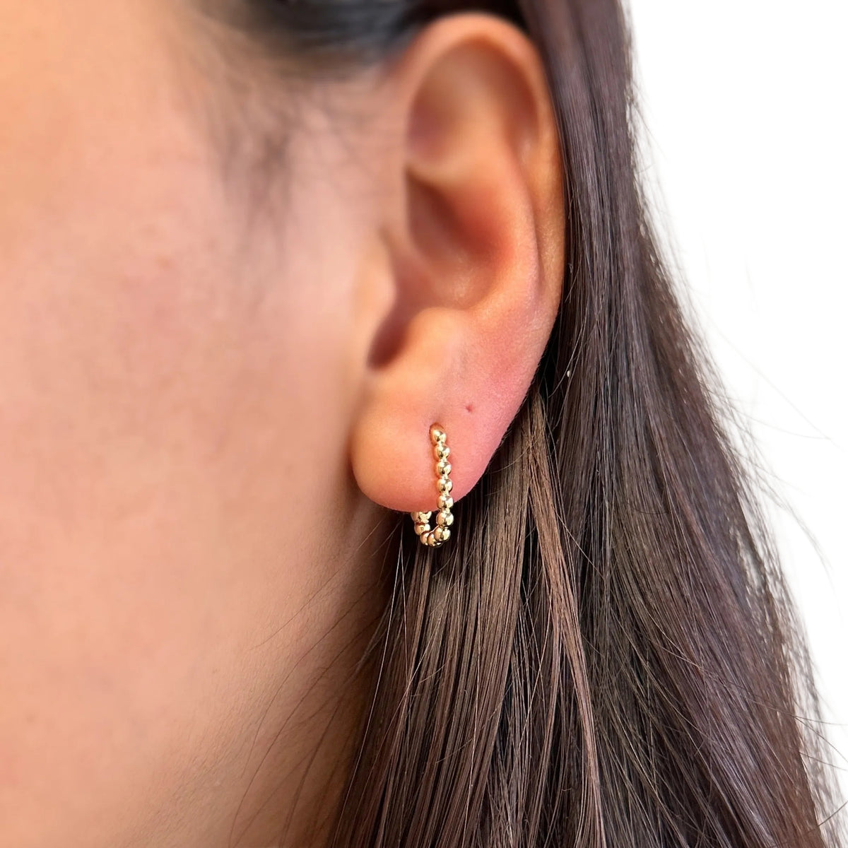 Beaded Rectangle Huggie Hoop Earrings on Ear