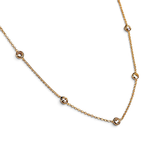 Bezel CZ Rolo Chain 1mm 18K Gold Filled Necklace on White Background