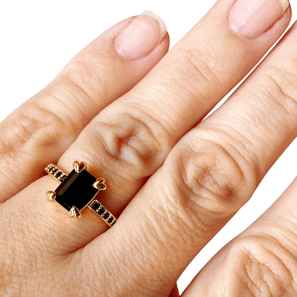 Black CZ Solitaire Ring on Hand