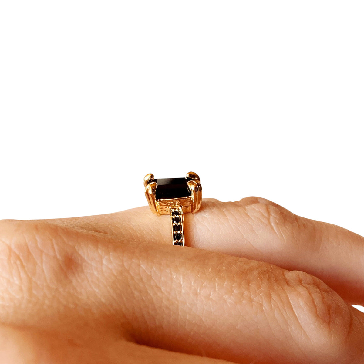 Black CZ Solitaire Ring on Hand Sideview