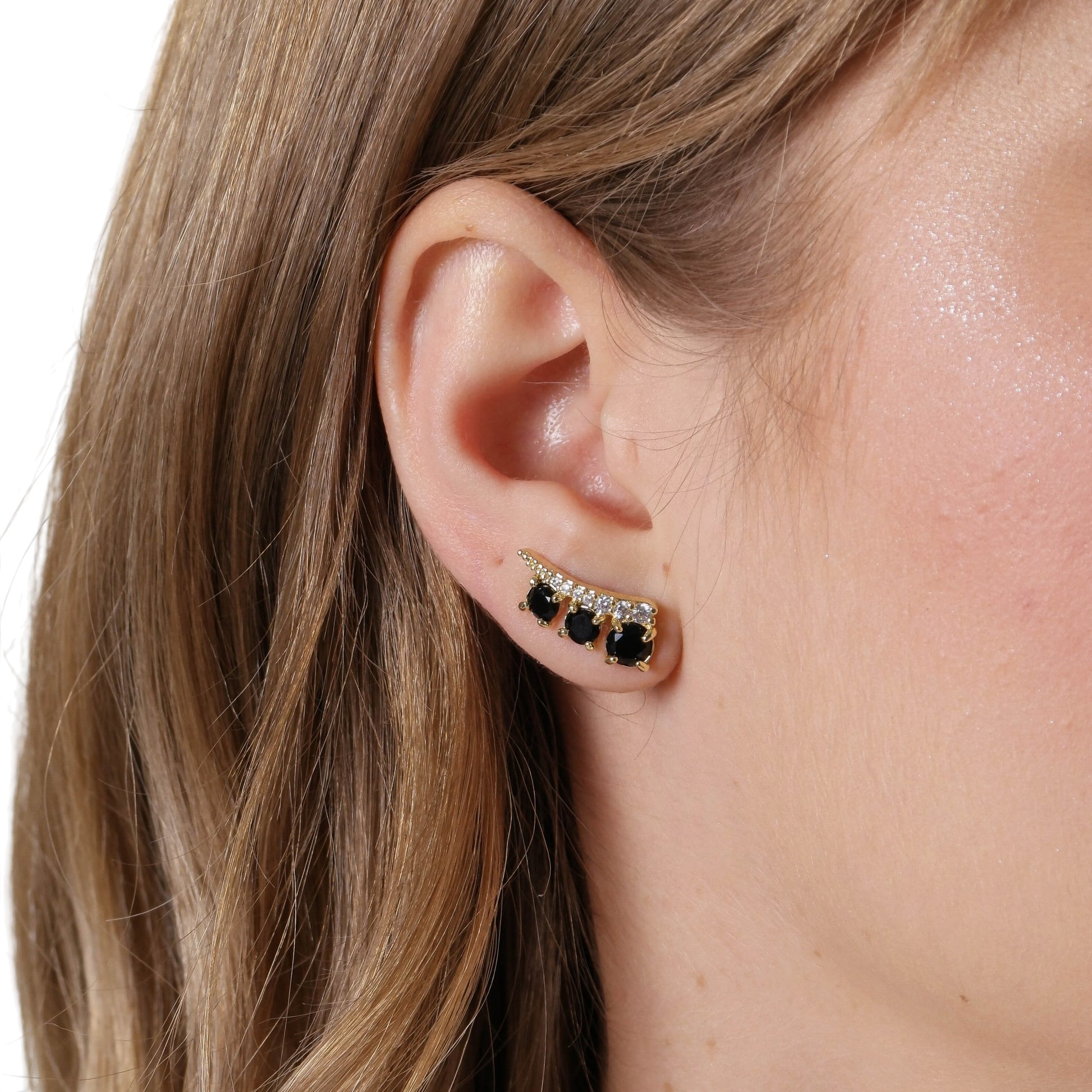 Black &amp; Clear CZ Ear Climber Earrings on Model