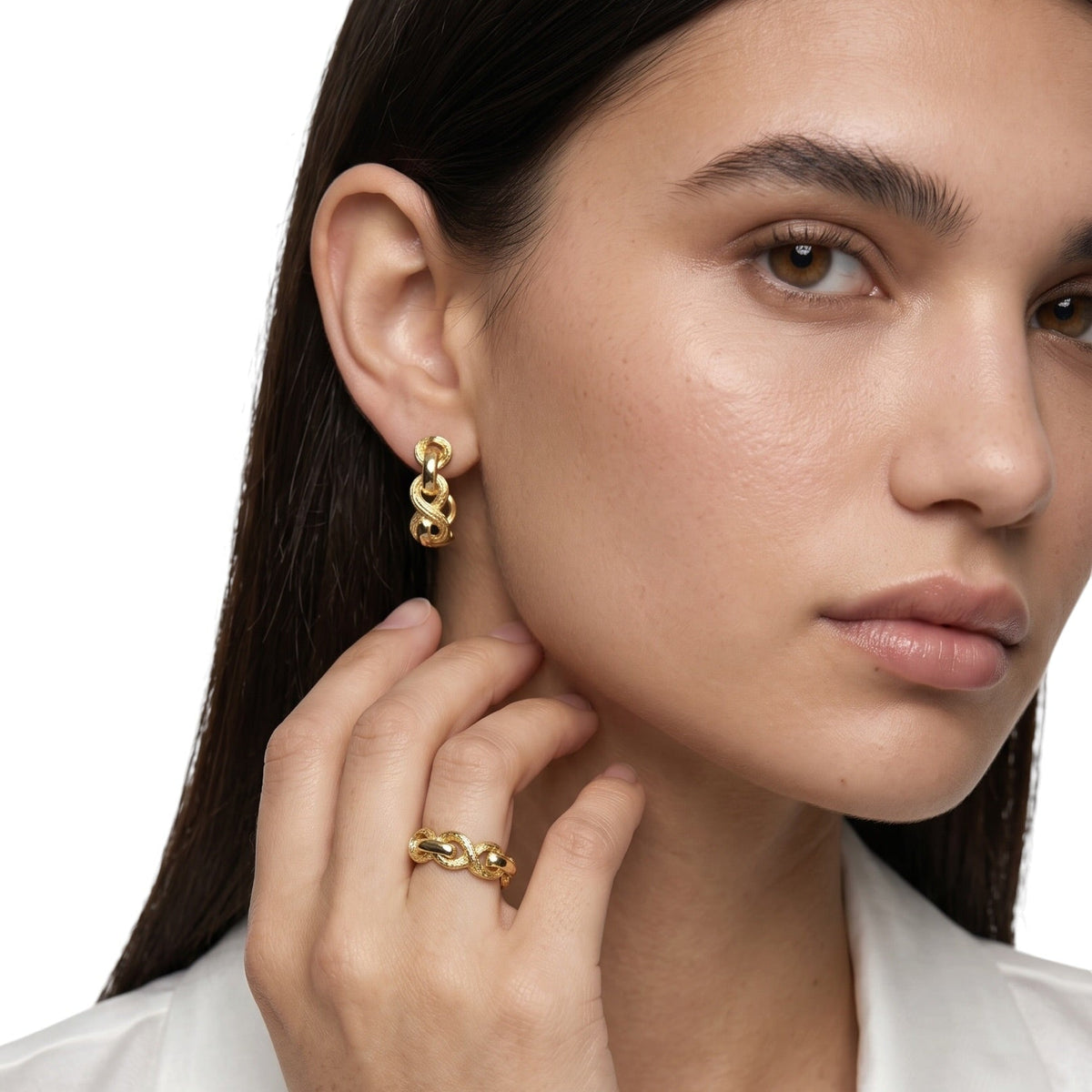 Braided Infinity Open Hoop Earrings and Ring on Model