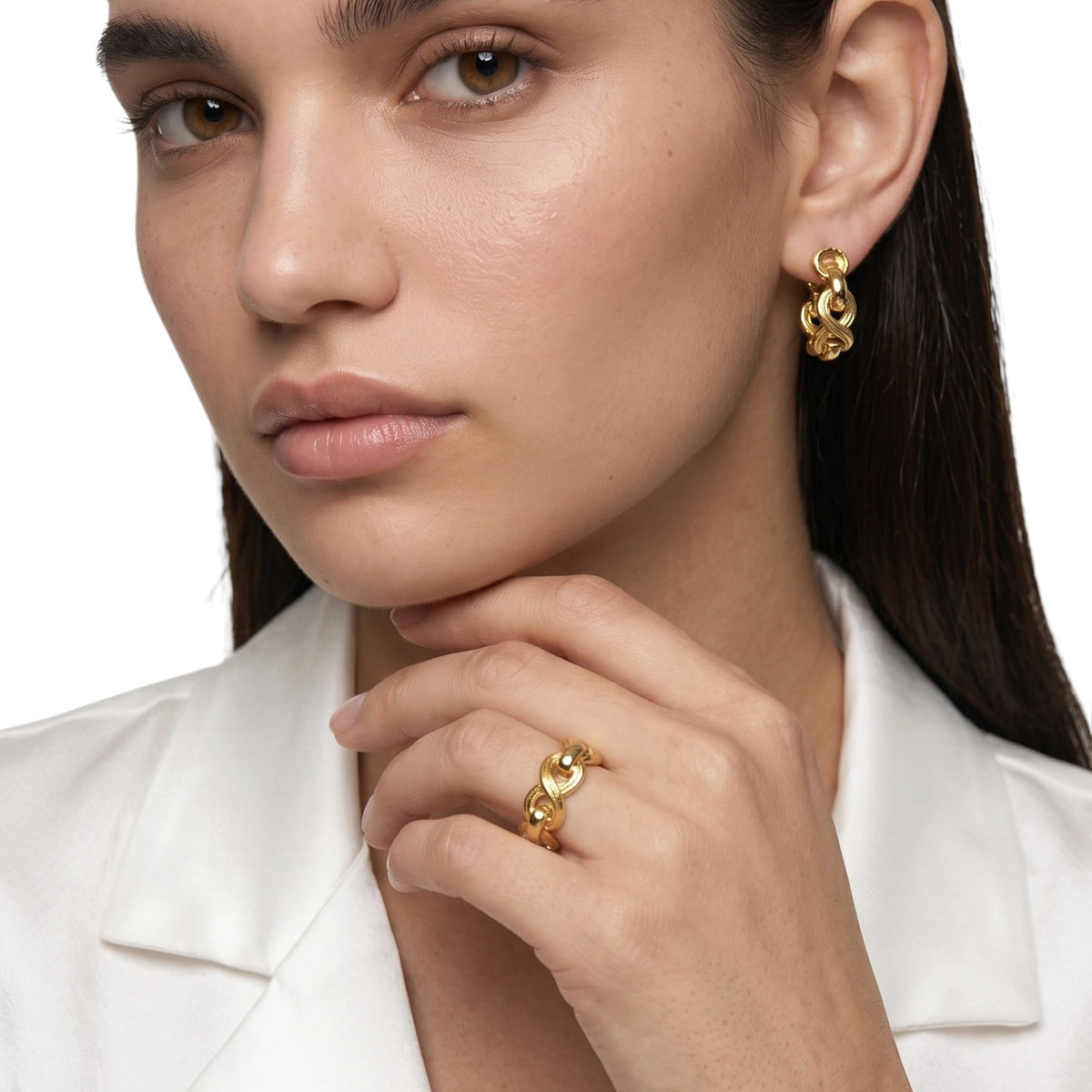 Braided Infinity Ring and Earring on Model