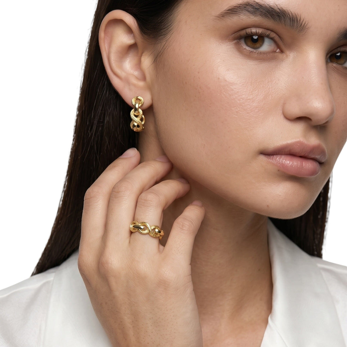 Braided Infinity Ring and Earring on Model Closeup