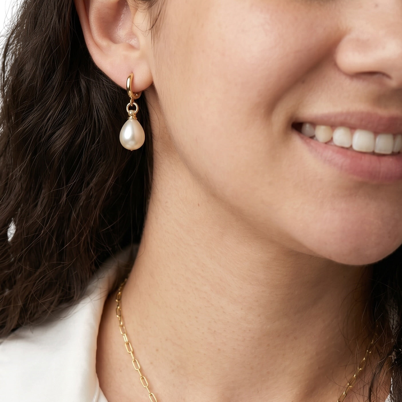 Pearl Drop Hoop 30mm 18K Gold Filled Earrings