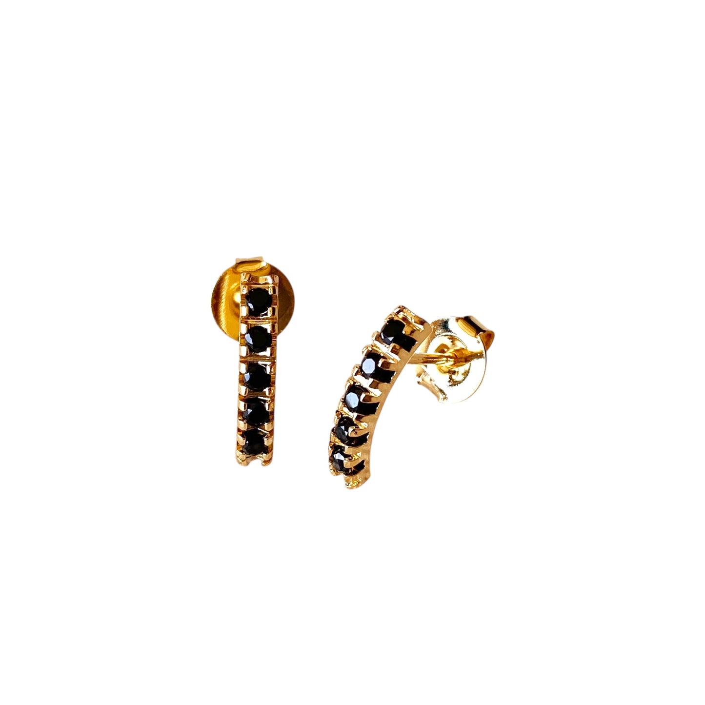 Curved Bar Black Crystal Stud 18k Gold Filled Earrings