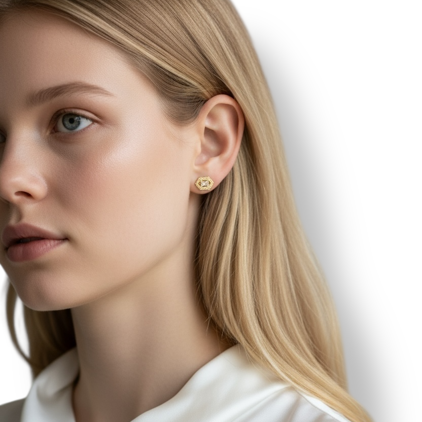 Baguette Birthstone Hexagon Halo Stud 18k Gold Filled Earrings