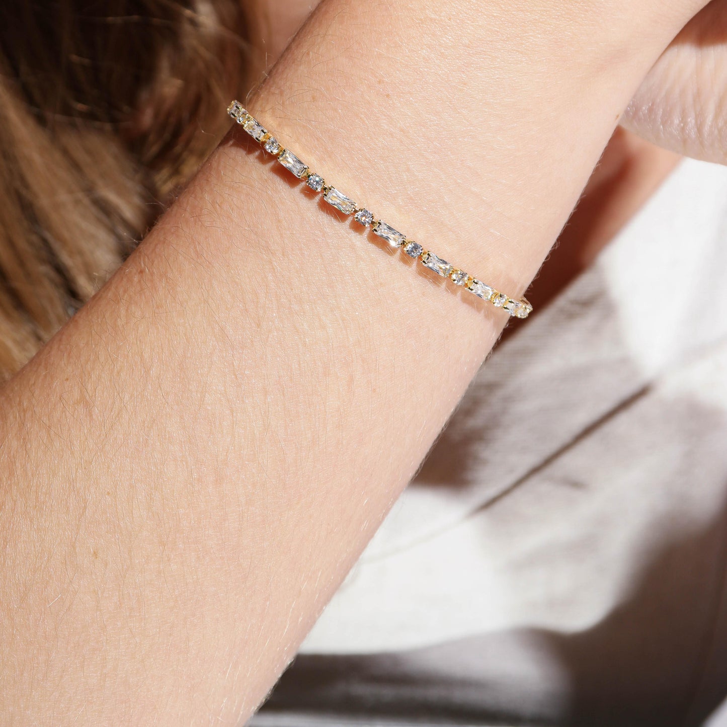 Round & Baguette CZ Tennis 18K Gold Filled Bracelet