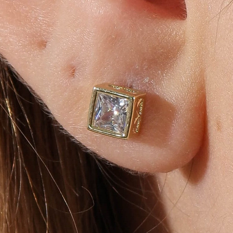 CZ Square Design Frame Stud 18K Gold Filled Earrings