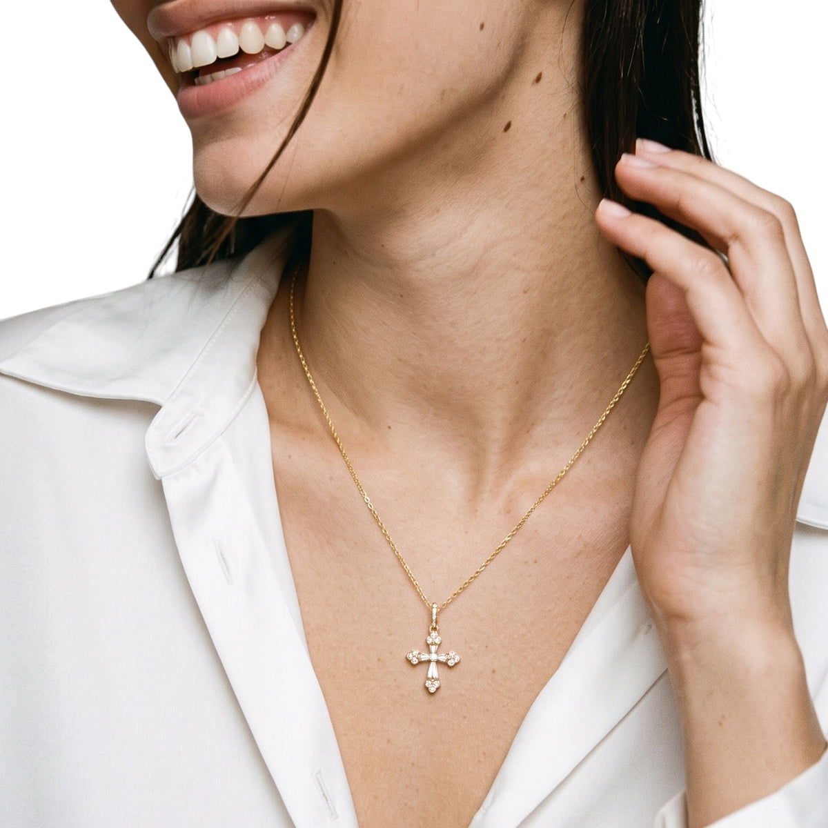 CZ Cross Charm Necklace on Model