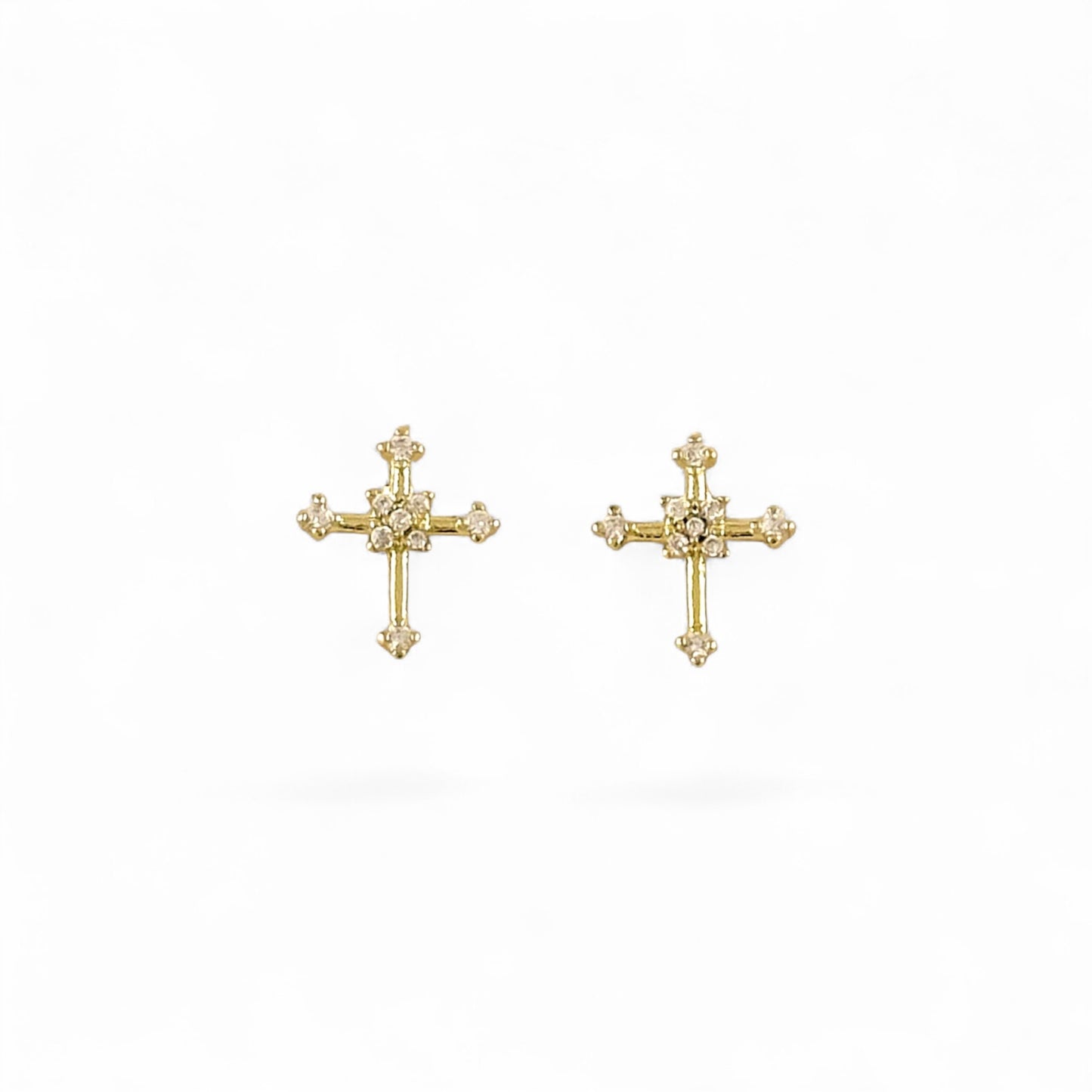 CZ Cross Stud Earrings in 18K Gold Filled on white background