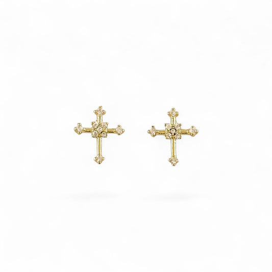 CZ Cross Stud Earrings in 18K Gold Filled on white background