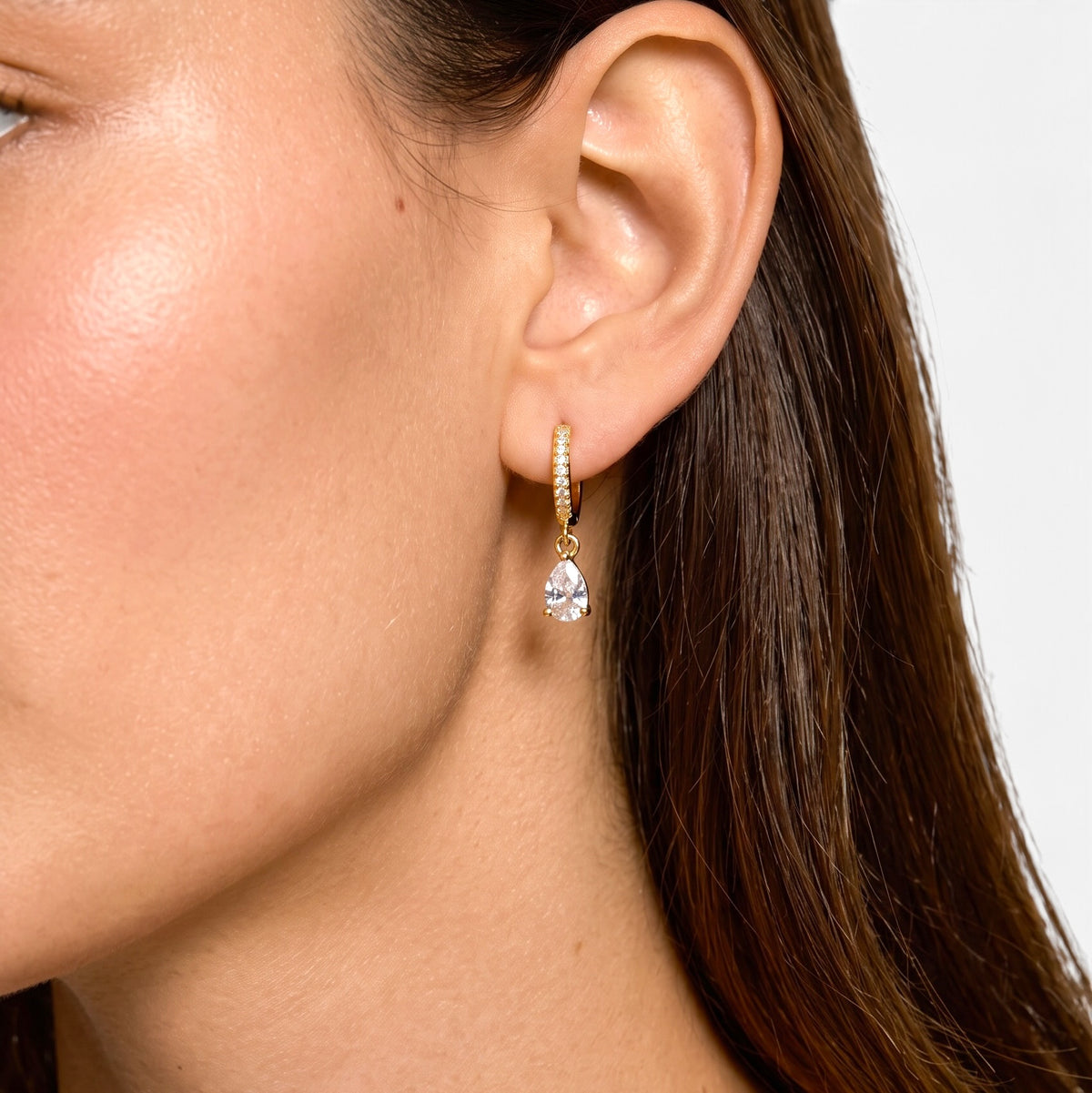 CZ Drop Huggie 18K Gold Filled Hoop Earrings on Model