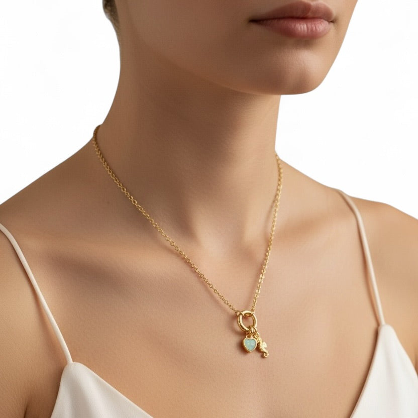 Carabiner clasp necklace styled on model