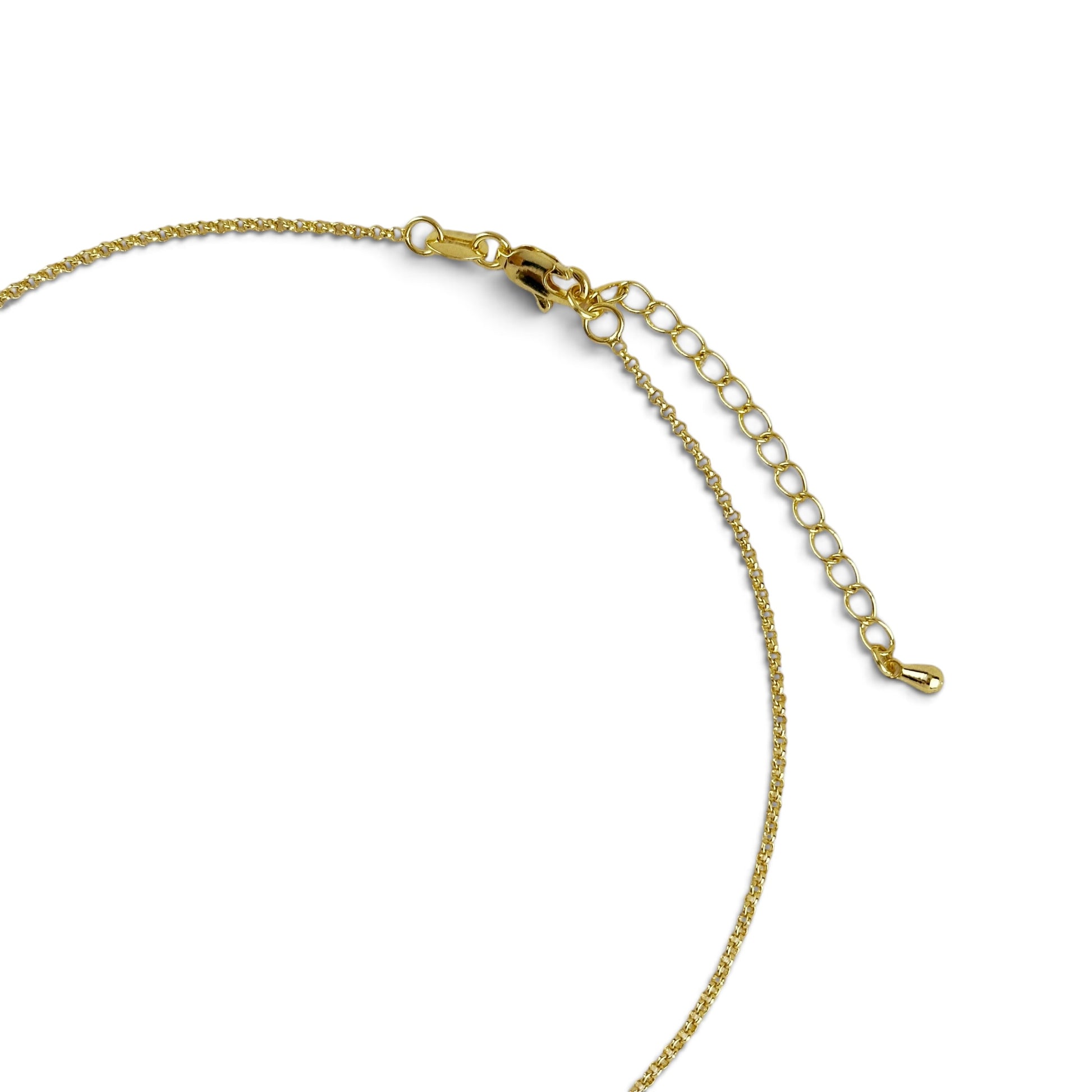 Close-up of a gold chain necklace showing the lobster clasp, extender chain, and adjustment lock on a plain white background.
