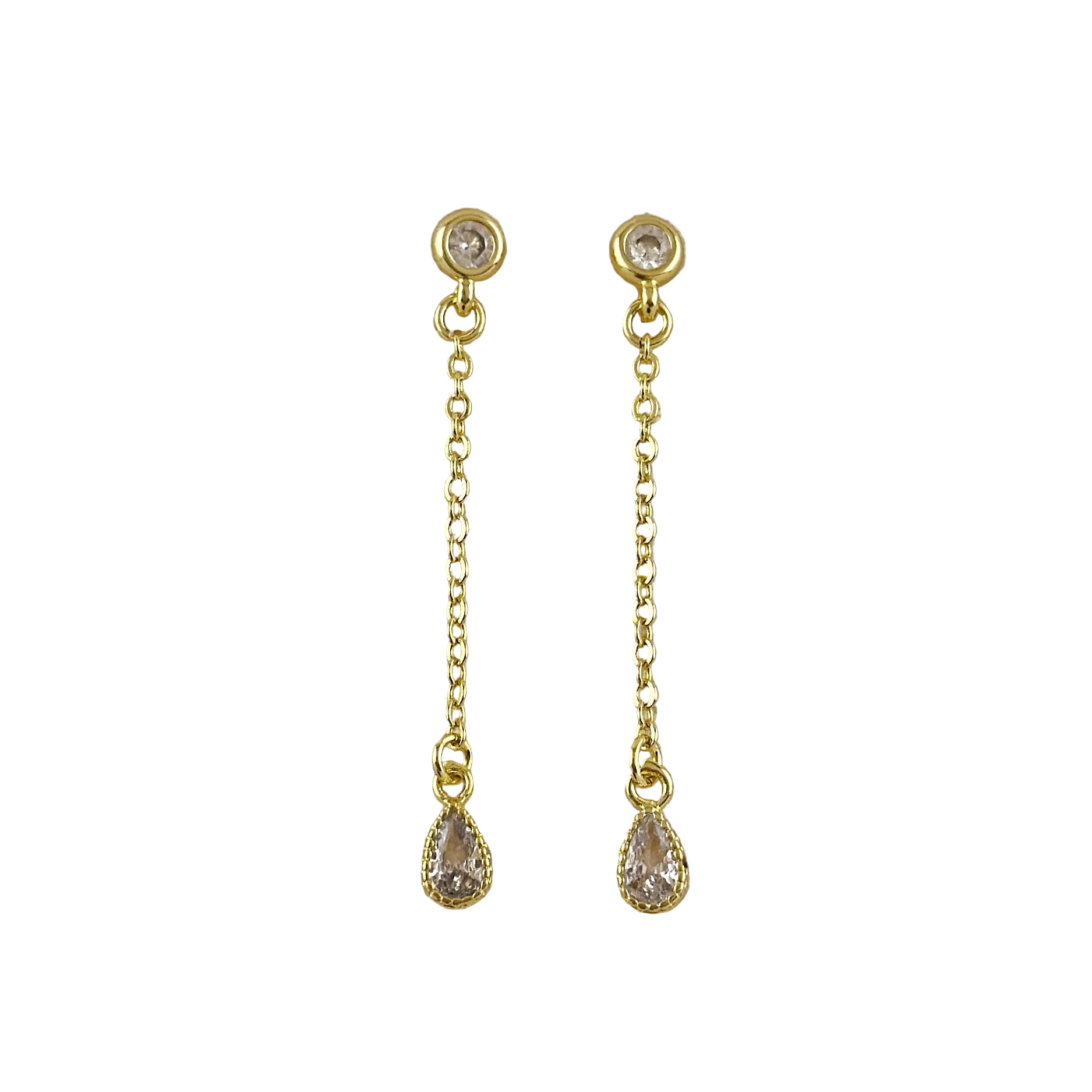 Close-up of round CZ stud connected to teardrop drop