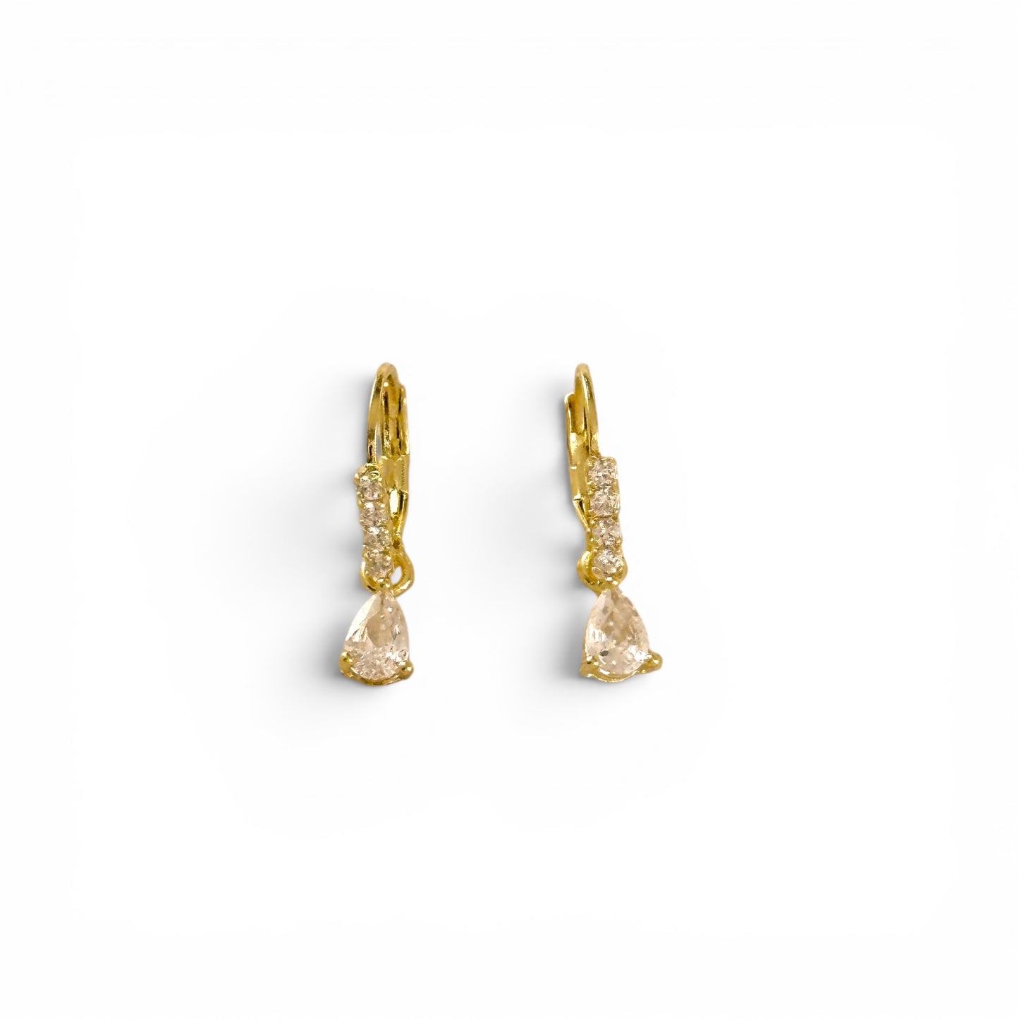 Close-up of teardrop CZ suspended from pavé hoop