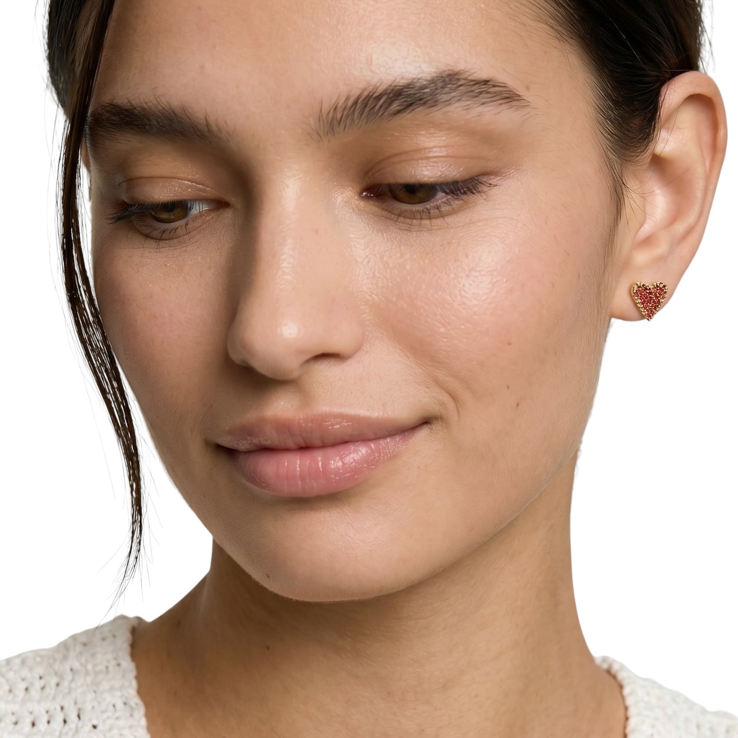 Pavé CZ Heart Stud Earrings on Model