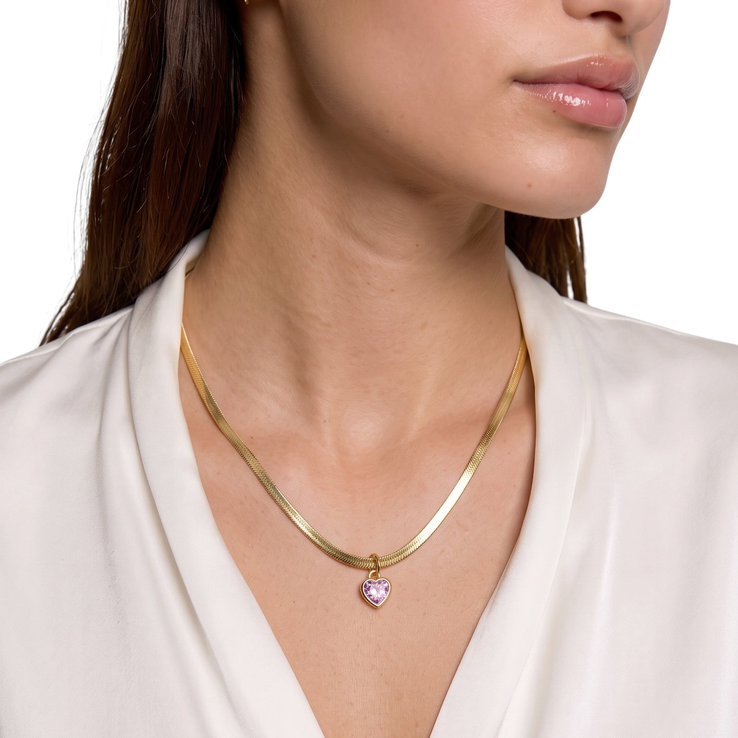 Colored CZ Heart Bezel Pendant on Model