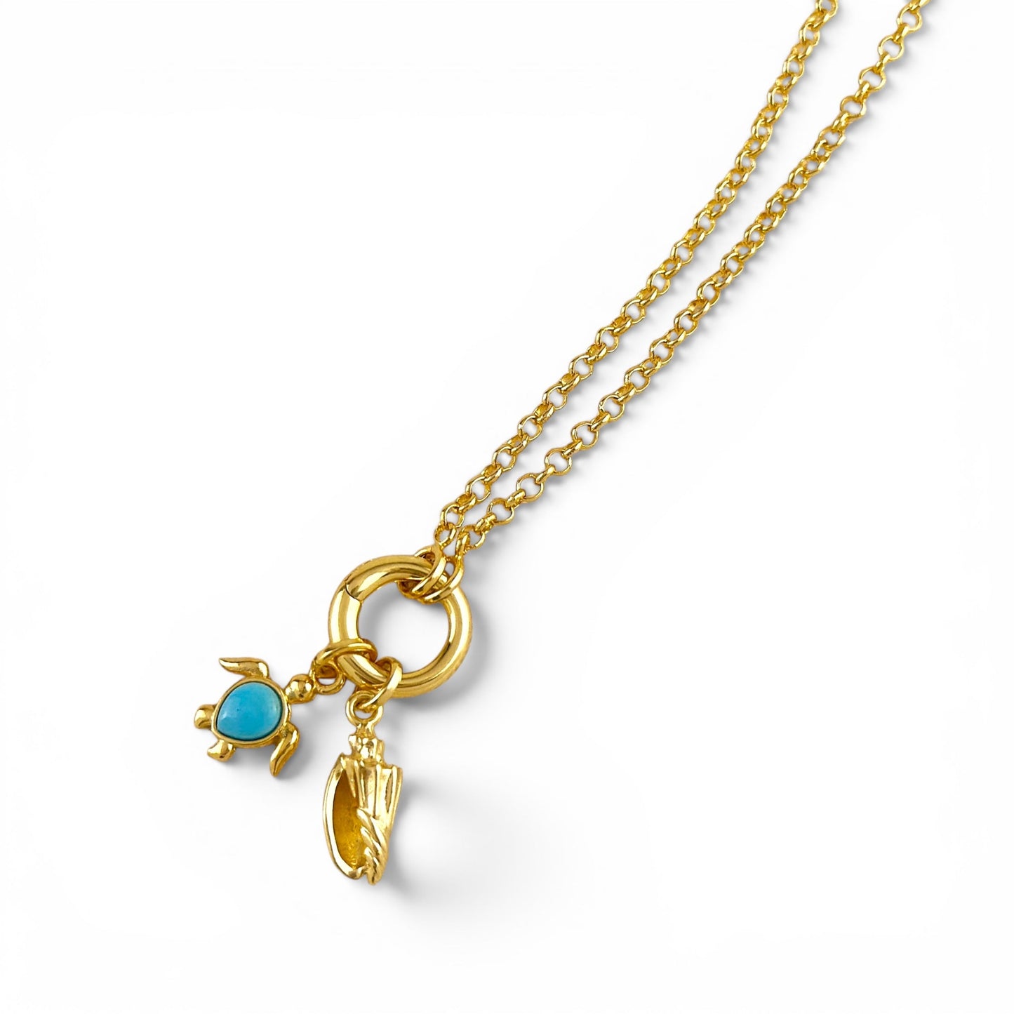 Conch Shell Charm and turtle on carabiner necklace